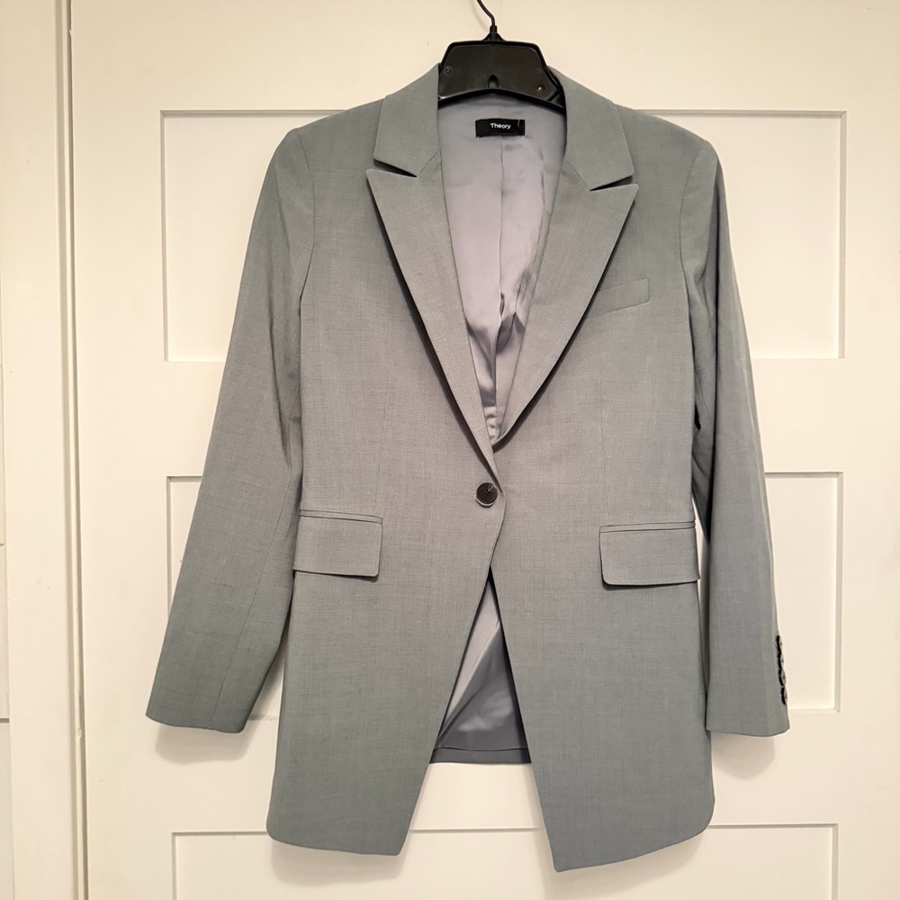 Theory Women's Gray Virgin Wool Blend One Button Blazer Size 4 - 23359 - Picture 3 of 9